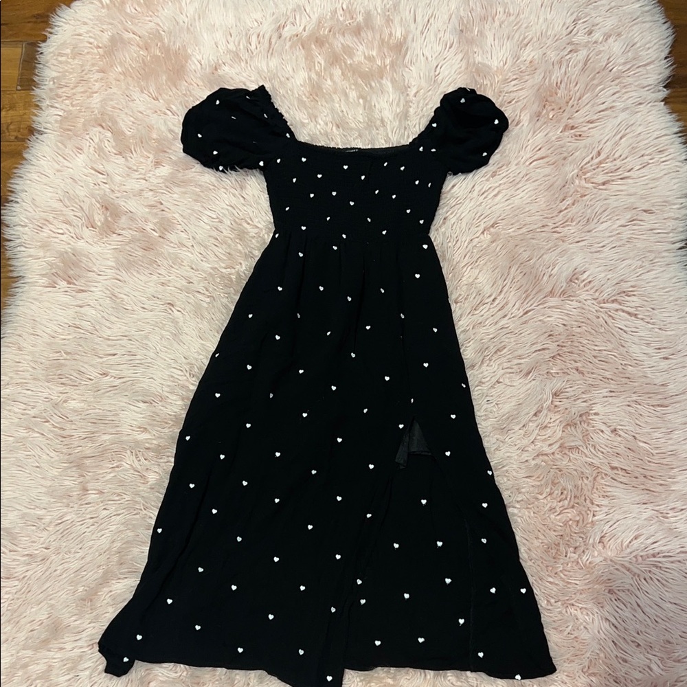 Forever 21 Black Heart Print Midi Dress Size Small Puff Sleeve
